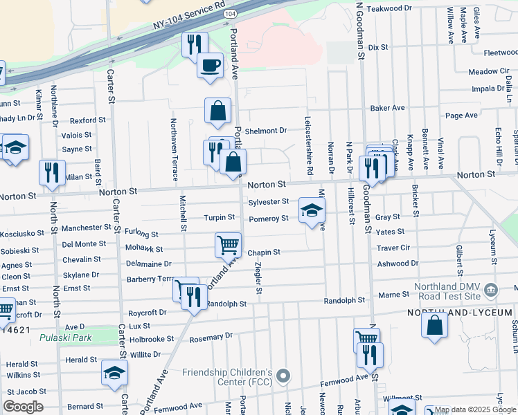 map of restaurants, bars, coffee shops, grocery stores, and more near 33 Sylvester St in Rochester