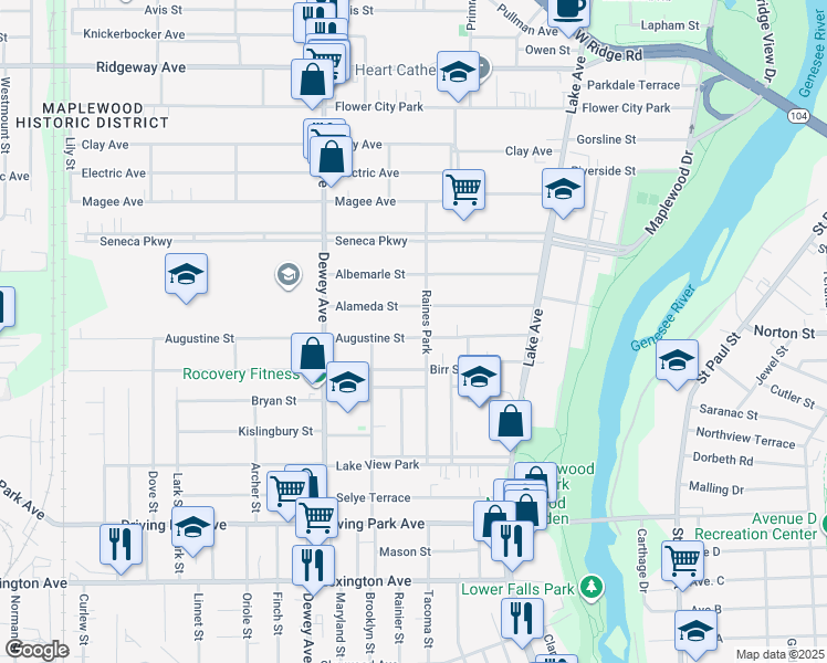 map of restaurants, bars, coffee shops, grocery stores, and more near 160 Augustine Street in Rochester