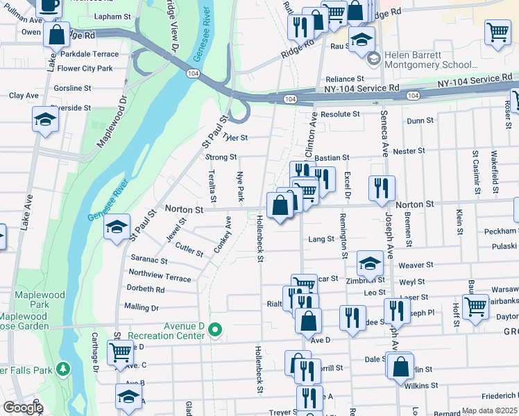 map of restaurants, bars, coffee shops, grocery stores, and more near Norton St & Hollenbeck St in Rochester