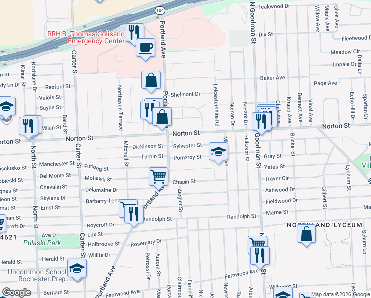 map of restaurants, bars, coffee shops, grocery stores, and more near 33 Sylvester Street in Rochester