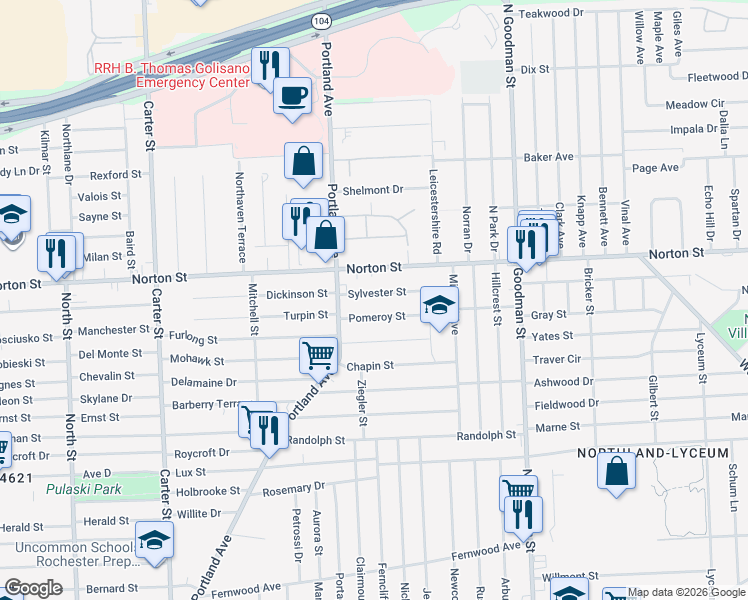 map of restaurants, bars, coffee shops, grocery stores, and more near 33 Sylvester Street in Rochester