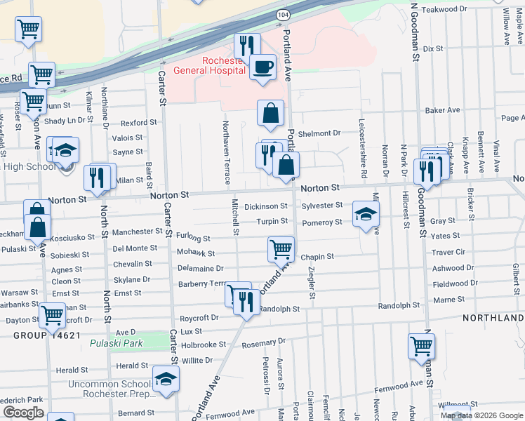 map of restaurants, bars, coffee shops, grocery stores, and more near 63 Dickinson Street in Rochester