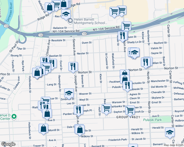 map of restaurants, bars, coffee shops, grocery stores, and more near 667 Norton Street in Rochester