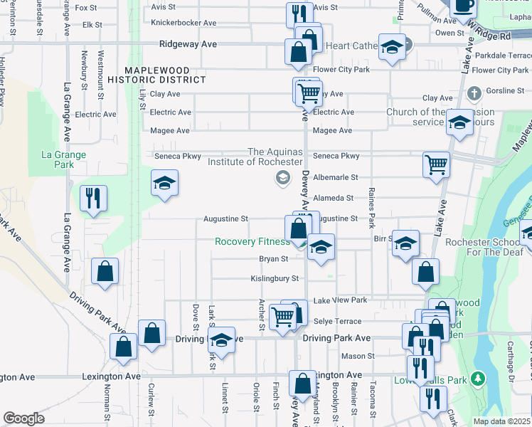 map of restaurants, bars, coffee shops, grocery stores, and more near 374 Augustine Street in Rochester