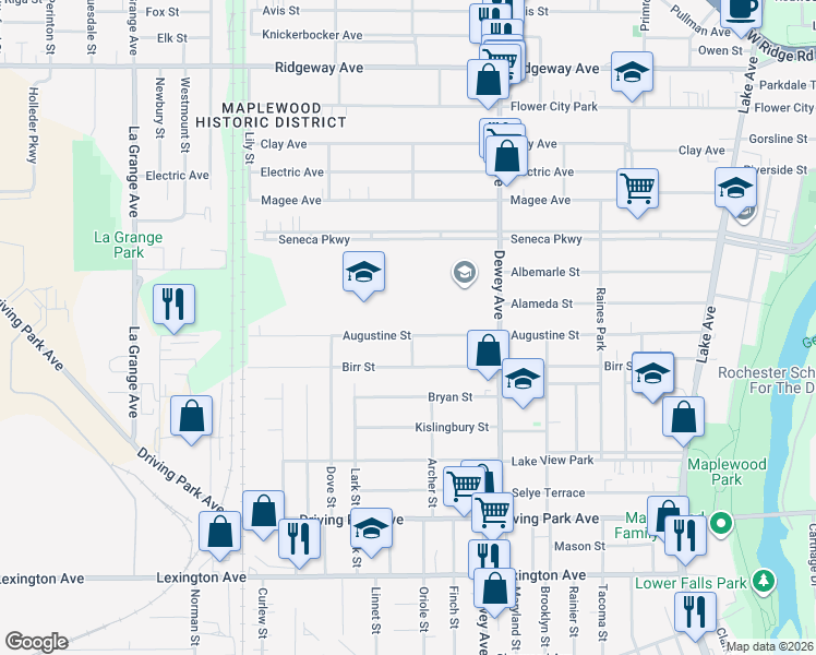 map of restaurants, bars, coffee shops, grocery stores, and more near 426 Augustine Street in Rochester