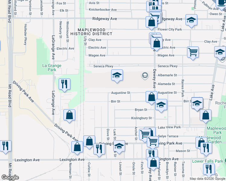 map of restaurants, bars, coffee shops, grocery stores, and more near 480 Augustine Street in Rochester