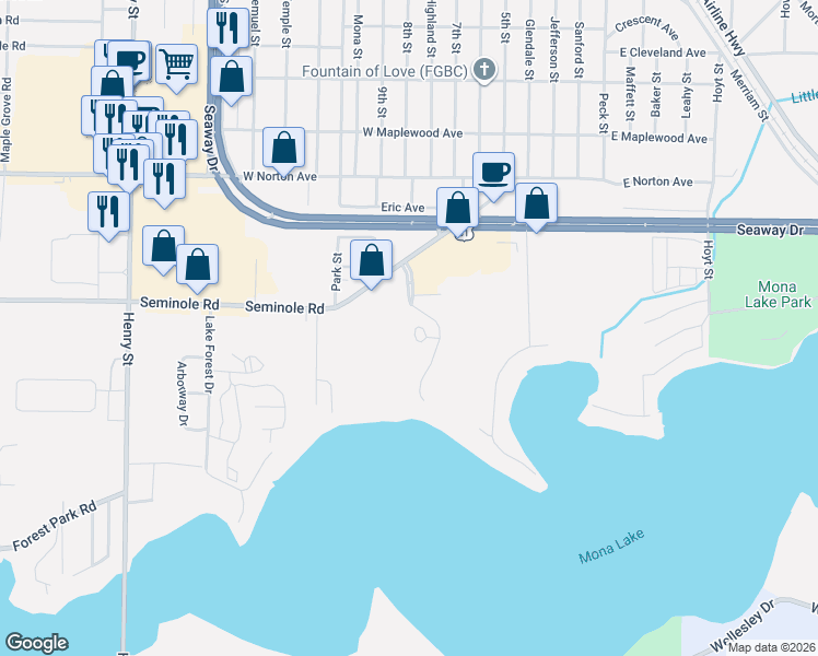 map of restaurants, bars, coffee shops, grocery stores, and more near 3593 Mona Kai Boulevard in Norton Shores