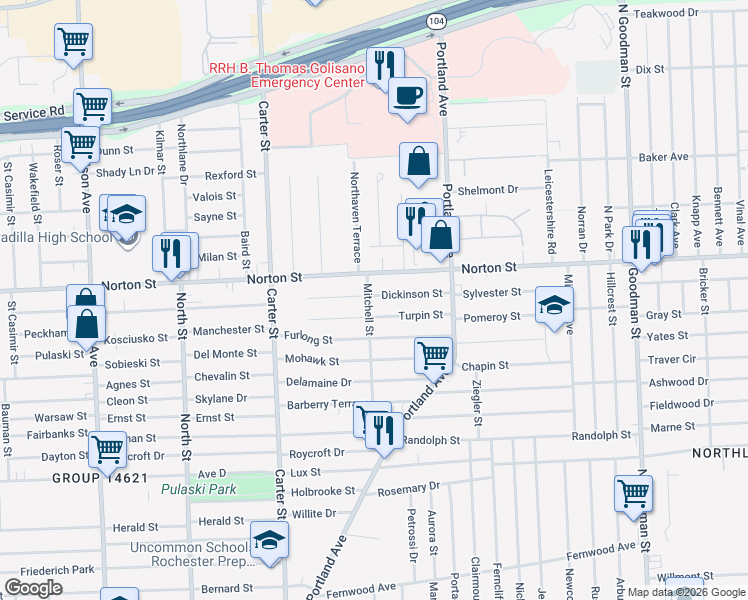 map of restaurants, bars, coffee shops, grocery stores, and more near 154 Mitchell Street in Rochester