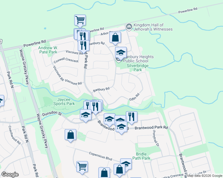 map of restaurants, bars, coffee shops, grocery stores, and more near 176 Banbury Road in Brantford