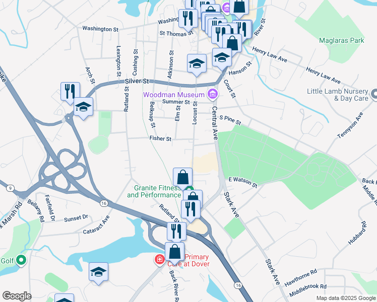 map of restaurants, bars, coffee shops, grocery stores, and more near 207 Locust Street in Dover