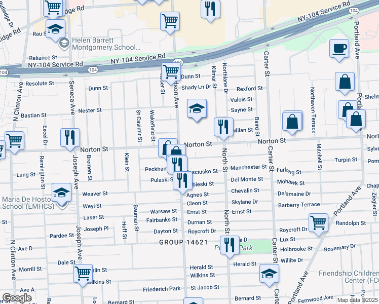 map of restaurants, bars, coffee shops, grocery stores, and more near 919 Norton Street in Rochester