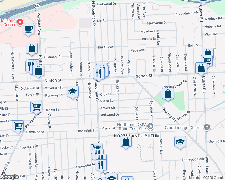 map of restaurants, bars, coffee shops, grocery stores, and more near 20 Bacon Place in Rochester