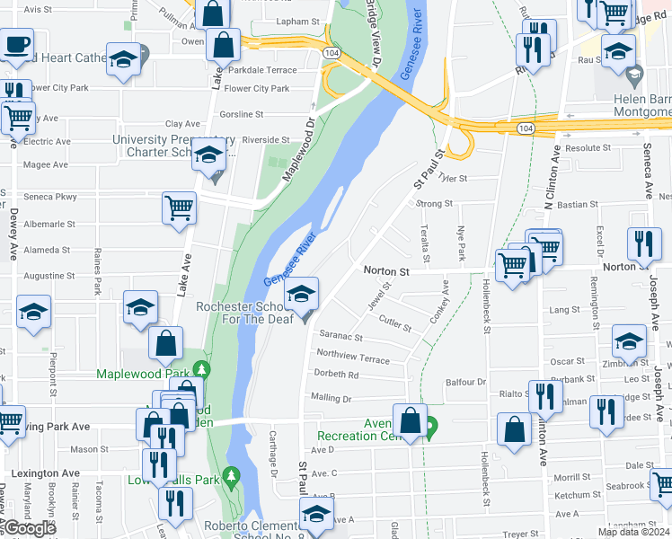 map of restaurants, bars, coffee shops, grocery stores, and more near 1629 Saint Paul Street in Rochester