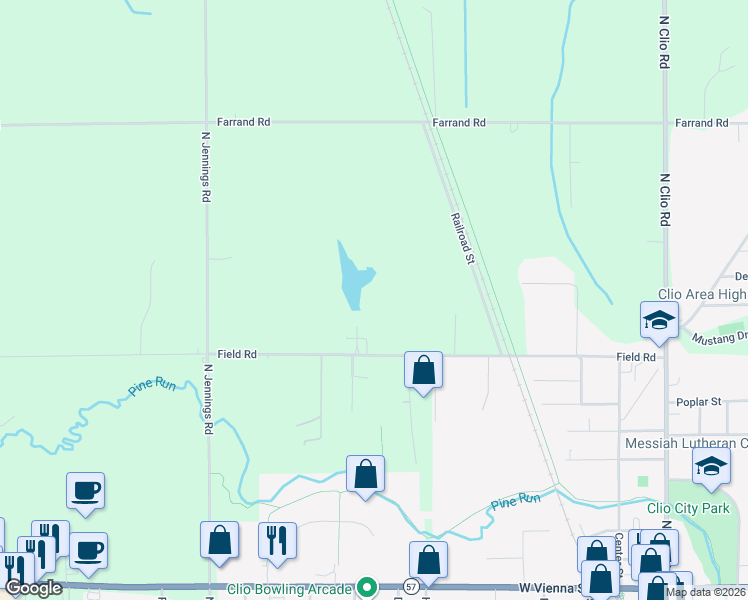 map of restaurants, bars, coffee shops, grocery stores, and more near 3282 Field Road in Clio