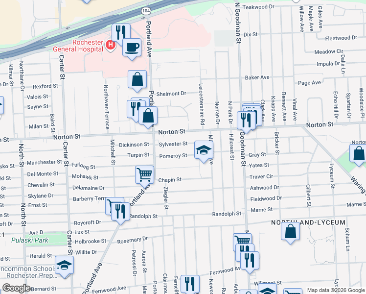 map of restaurants, bars, coffee shops, grocery stores, and more near 87 Sylvester St in Rochester