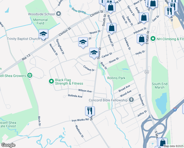 map of restaurants, bars, coffee shops, grocery stores, and more near 2 Rundlett Street in Concord