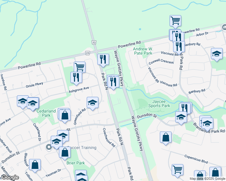 map of restaurants, bars, coffee shops, grocery stores, and more near 627 Park Road North in Brantford
