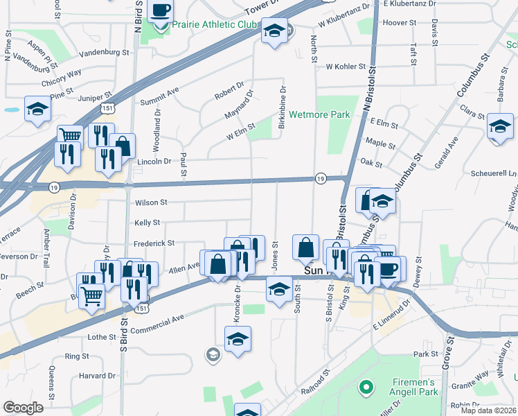 map of restaurants, bars, coffee shops, grocery stores, and more near 211 Union Street in Sun Prairie