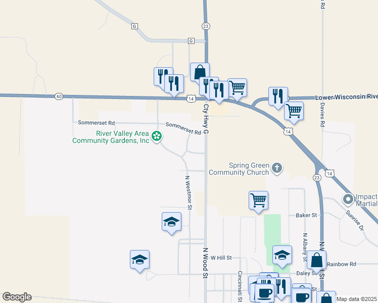map of restaurants, bars, coffee shops, grocery stores, and more near 513 Jordan Way in Spring Green
