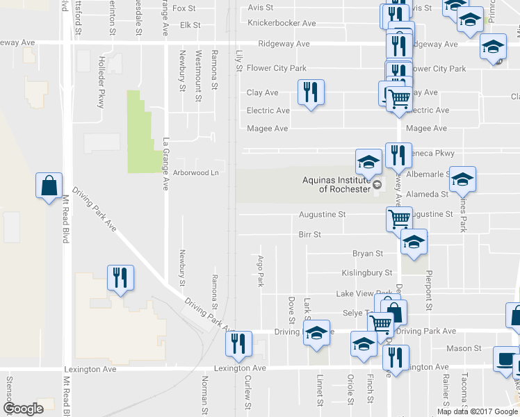 map of restaurants, bars, coffee shops, grocery stores, and more near 588 Augustine Street in Rochester