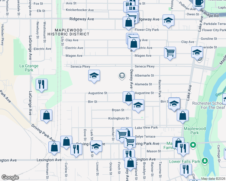 map of restaurants, bars, coffee shops, grocery stores, and more near 378 Augustine Street in Rochester