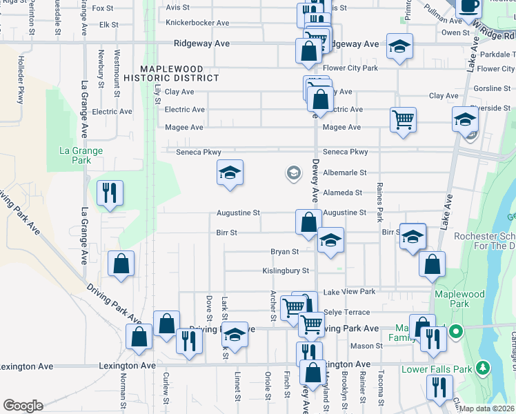 map of restaurants, bars, coffee shops, grocery stores, and more near 426 Augustine Street in Rochester