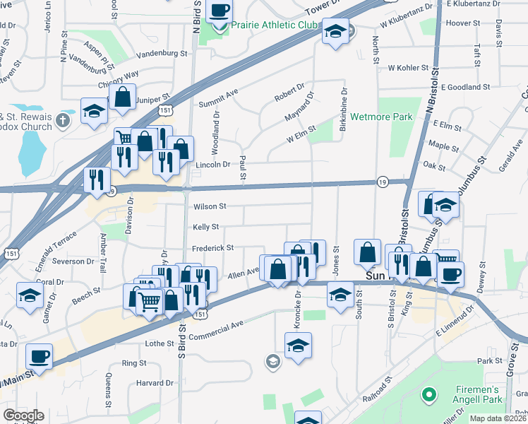map of restaurants, bars, coffee shops, grocery stores, and more near 539 Wilson Street in Sun Prairie
