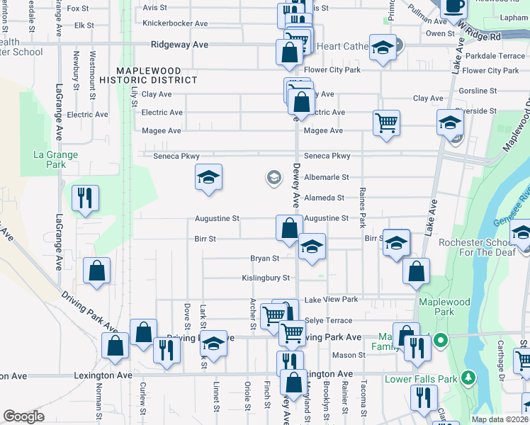 map of restaurants, bars, coffee shops, grocery stores, and more near 374 Augustine Street in Rochester