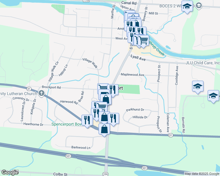 map of restaurants, bars, coffee shops, grocery stores, and more near in Spencerport