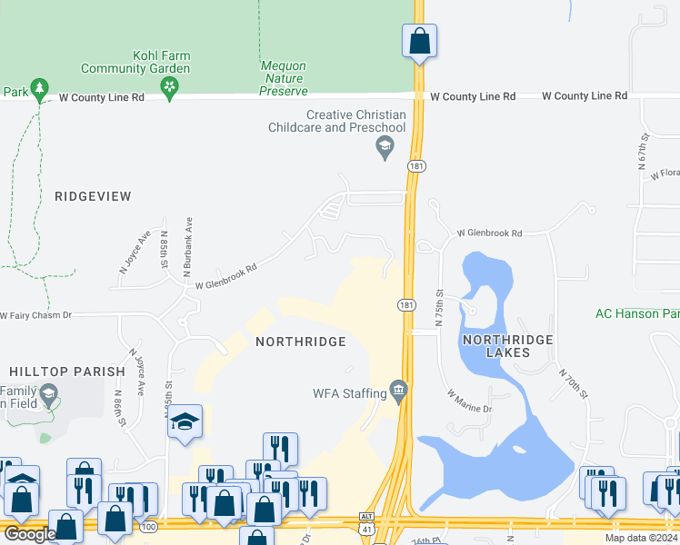 map of restaurants, bars, coffee shops, grocery stores, and more near 9301 North 76th Street in Milwaukee