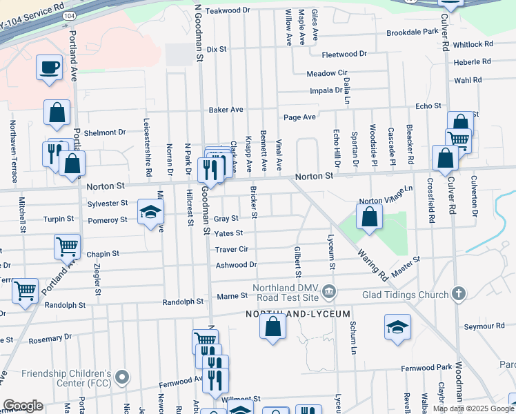 map of restaurants, bars, coffee shops, grocery stores, and more near 512 Bricker Street in Rochester