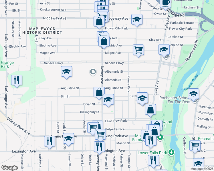 map of restaurants, bars, coffee shops, grocery stores, and more near in Rochester