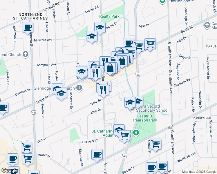 map of restaurants, bars, coffee shops, grocery stores, and more near 380 Vine Street in St. Catharines