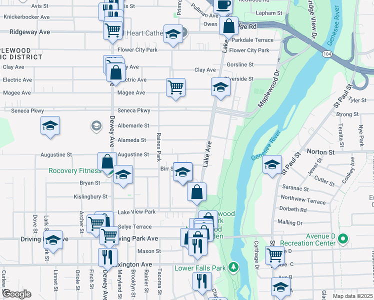 map of restaurants, bars, coffee shops, grocery stores, and more near 54 Augustine Street in Rochester