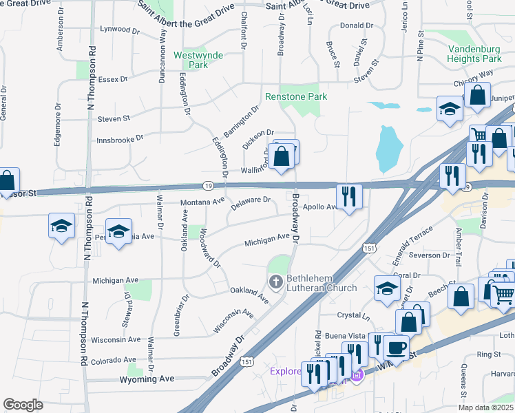 map of restaurants, bars, coffee shops, grocery stores, and more near 1731 Delaware Drive in Sun Prairie