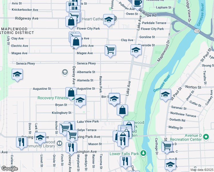 map of restaurants, bars, coffee shops, grocery stores, and more near 110 Augustine Street in Rochester