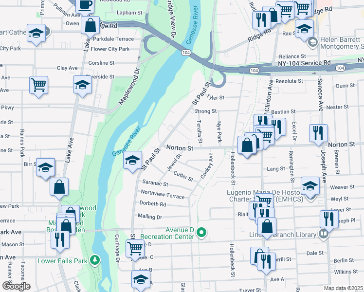 map of restaurants, bars, coffee shops, grocery stores, and more near 120 Norton Street in Rochester