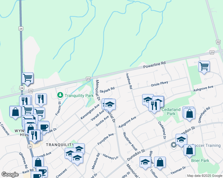 map of restaurants, bars, coffee shops, grocery stores, and more near Skylark Road in Brantford