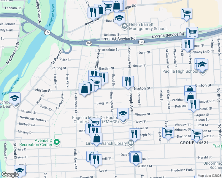 map of restaurants, bars, coffee shops, grocery stores, and more near Norton Street & Remington Street in Rochester