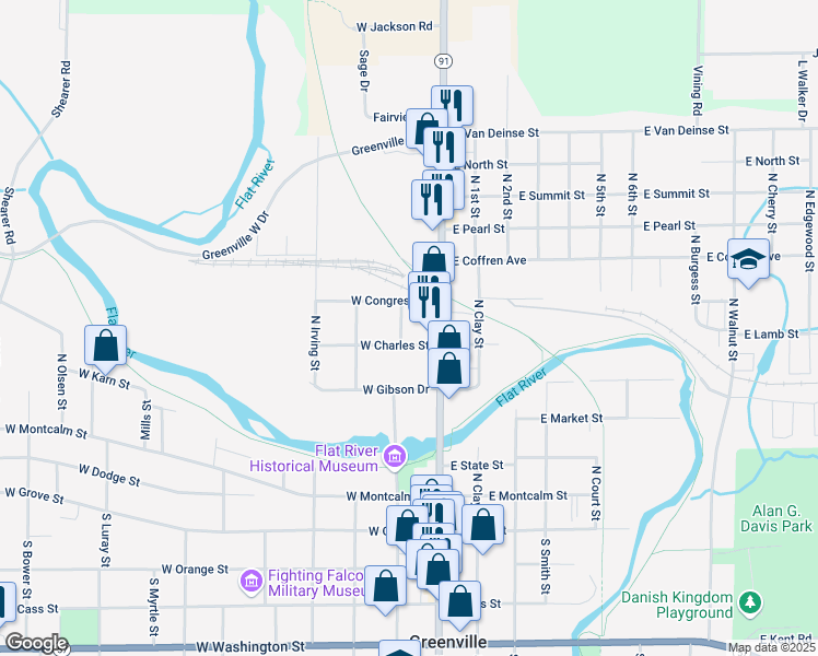 map of restaurants, bars, coffee shops, grocery stores, and more near 608 North Franklin Street in Greenville