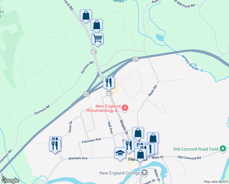 map of restaurants, bars, coffee shops, grocery stores, and more near 262 Maple Street in Henniker