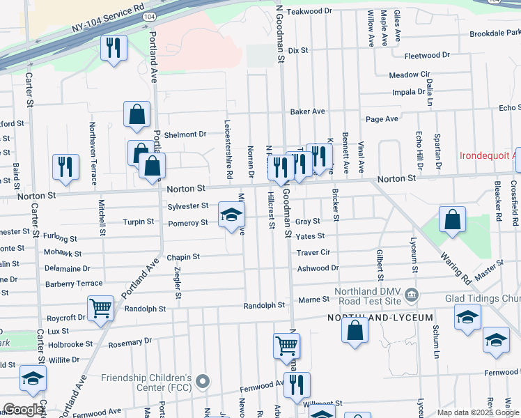 map of restaurants, bars, coffee shops, grocery stores, and more near 215 Norran Drive in Rochester
