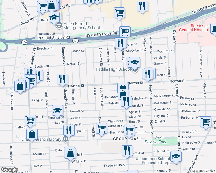 map of restaurants, bars, coffee shops, grocery stores, and more near 769 Norton Street in Rochester