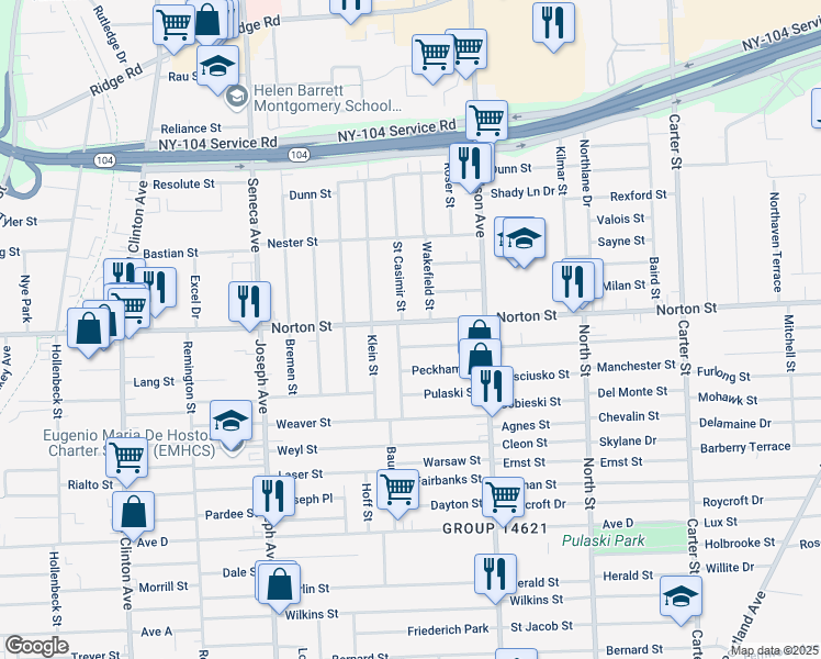 map of restaurants, bars, coffee shops, grocery stores, and more near 769 Norton Street in Rochester