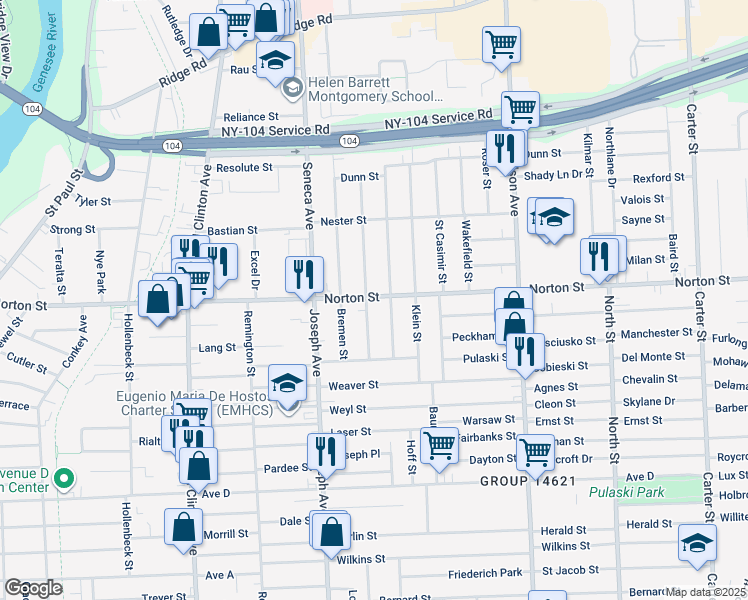 map of restaurants, bars, coffee shops, grocery stores, and more near 667 Norton Street in Rochester