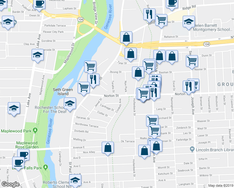map of restaurants, bars, coffee shops, grocery stores, and more near in Rochester