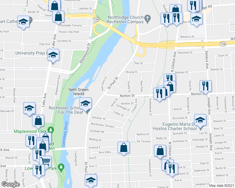 map of restaurants, bars, coffee shops, grocery stores, and more near 130 Norton Street in Rochester