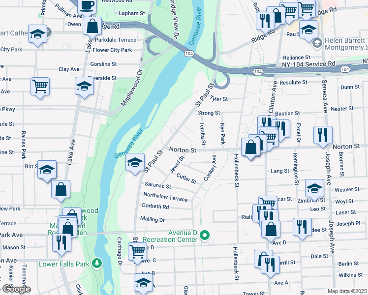 map of restaurants, bars, coffee shops, grocery stores, and more near 130 Norton Street in Rochester