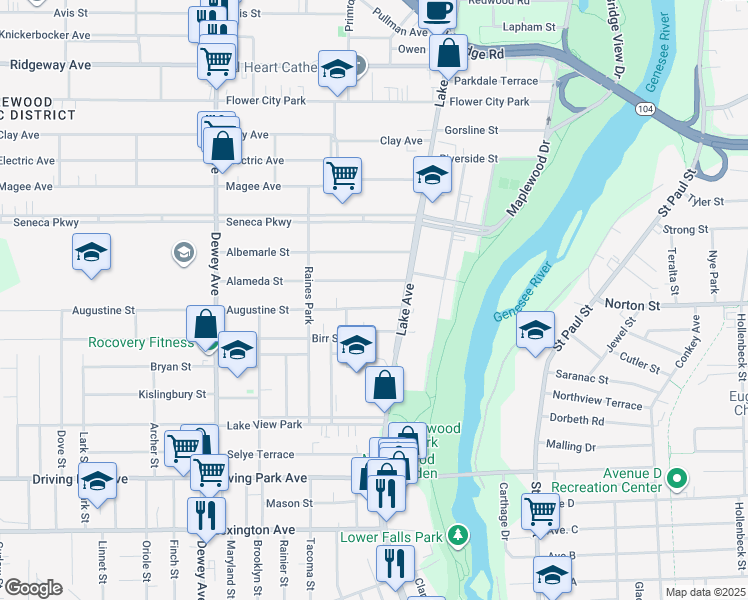 map of restaurants, bars, coffee shops, grocery stores, and more near 54 Augustine Street in Rochester