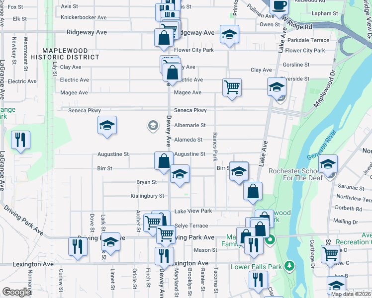 map of restaurants, bars, coffee shops, grocery stores, and more near 210 Augustine Street in Rochester